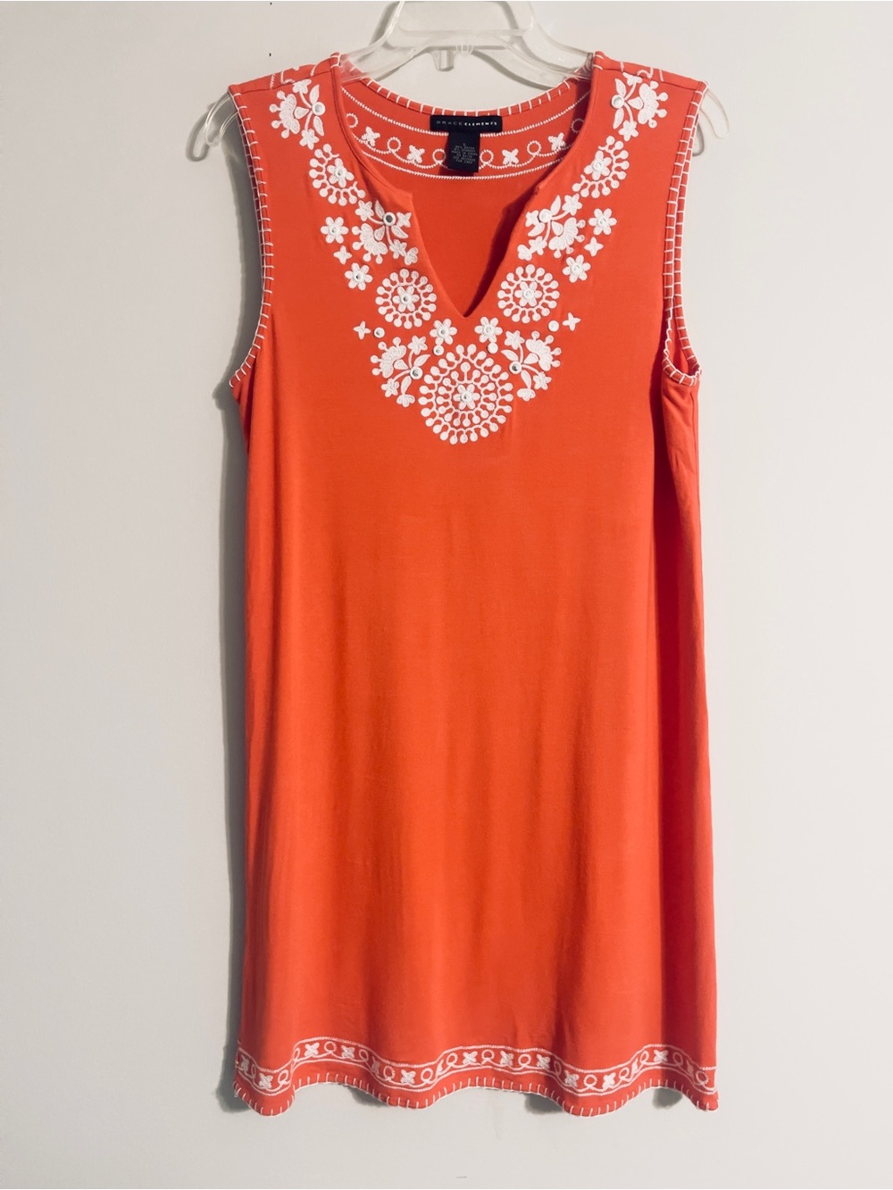 Grace Elements Embroidered Orange Modal Knit Shift Dress Boho Beading Beachy Lg